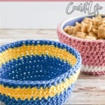 free pattern for crochet bowl cozy with text which reads microwave bowl cozy free crochet pattern
