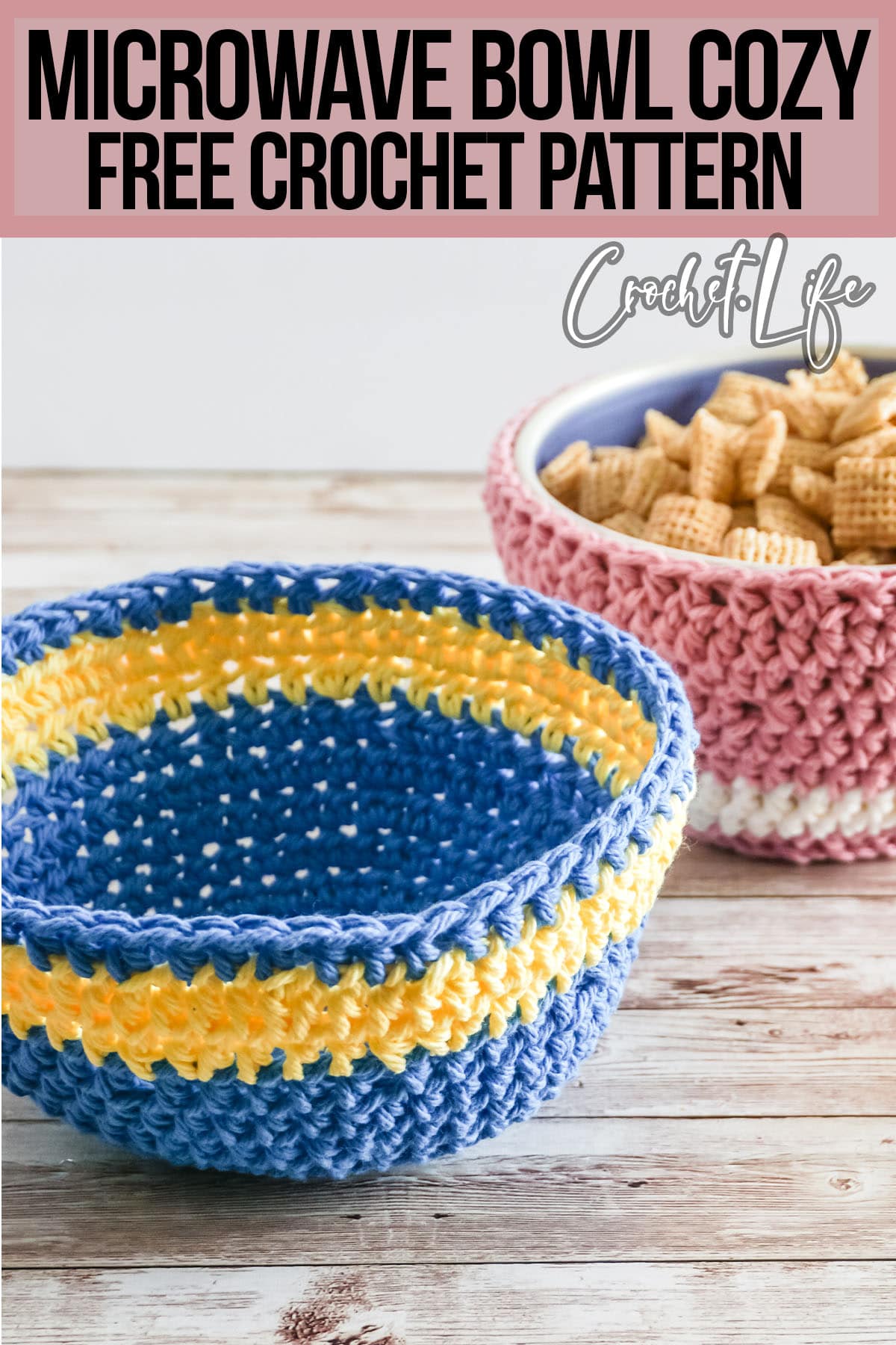 free pattern for crochet bowl cozy with text which reads microwave bowl cozy free crochet pattern