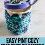 pint sized ice cream cozy crochet pattern with text which reads easy pint cozy free crochet pattern