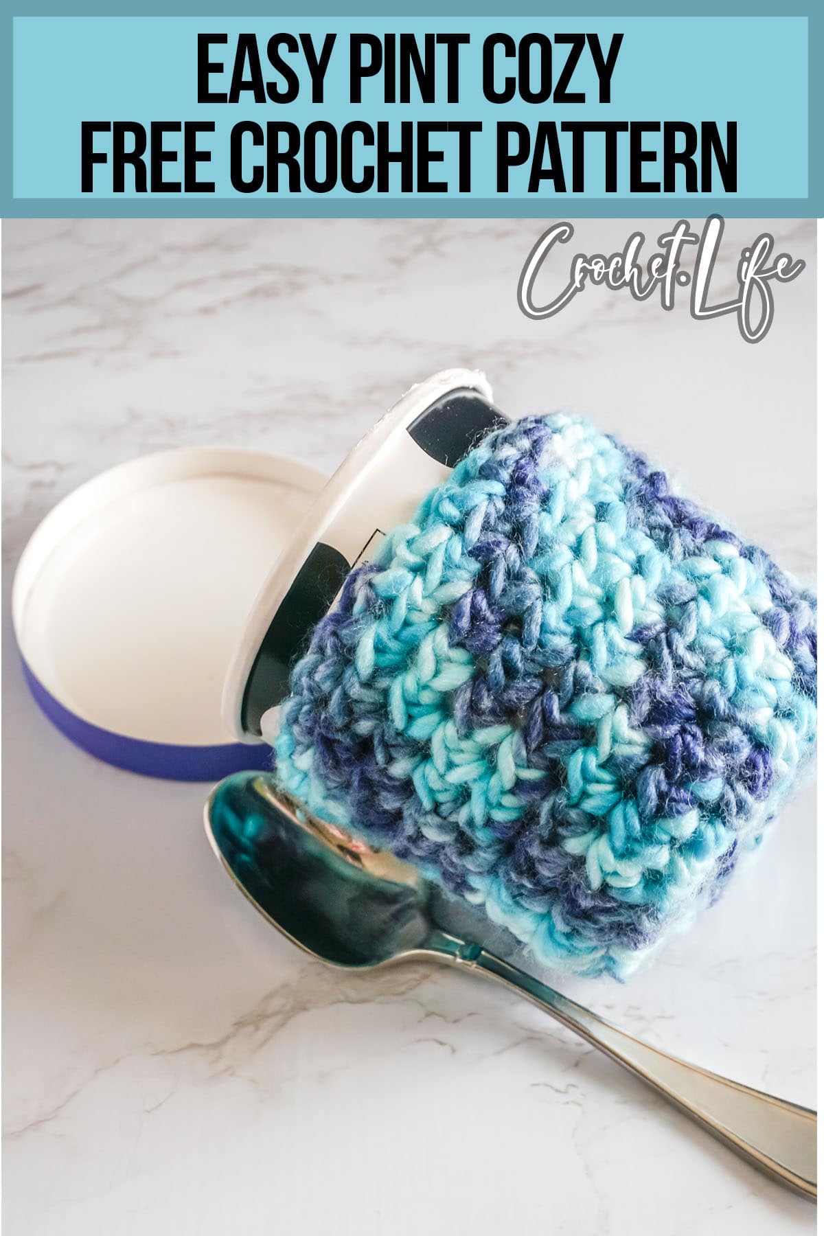 free ice cream cozy crochet pattern with text which reads pint cozy free crochet pattern