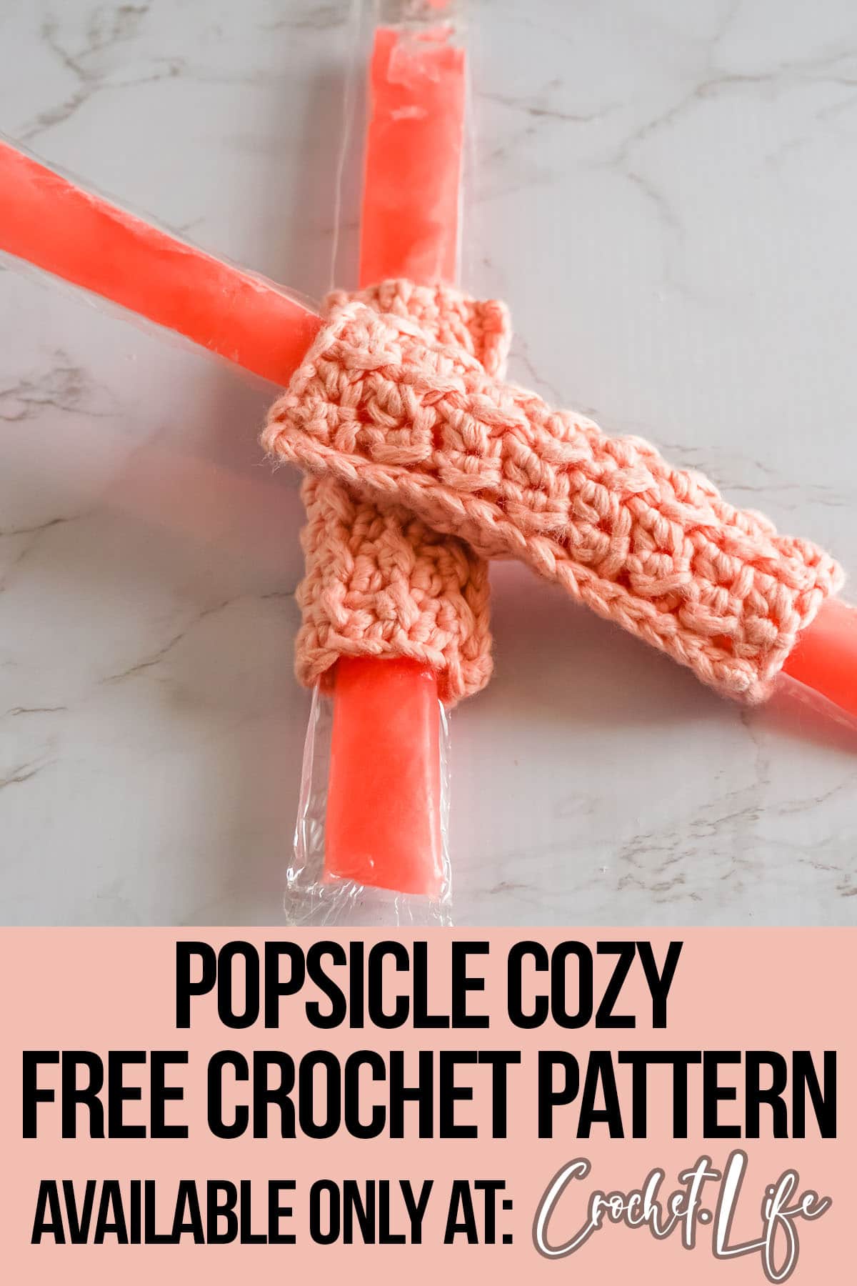 free ice pop cozy crochet pattern with text which reads popsicle cozy free crochet pattern