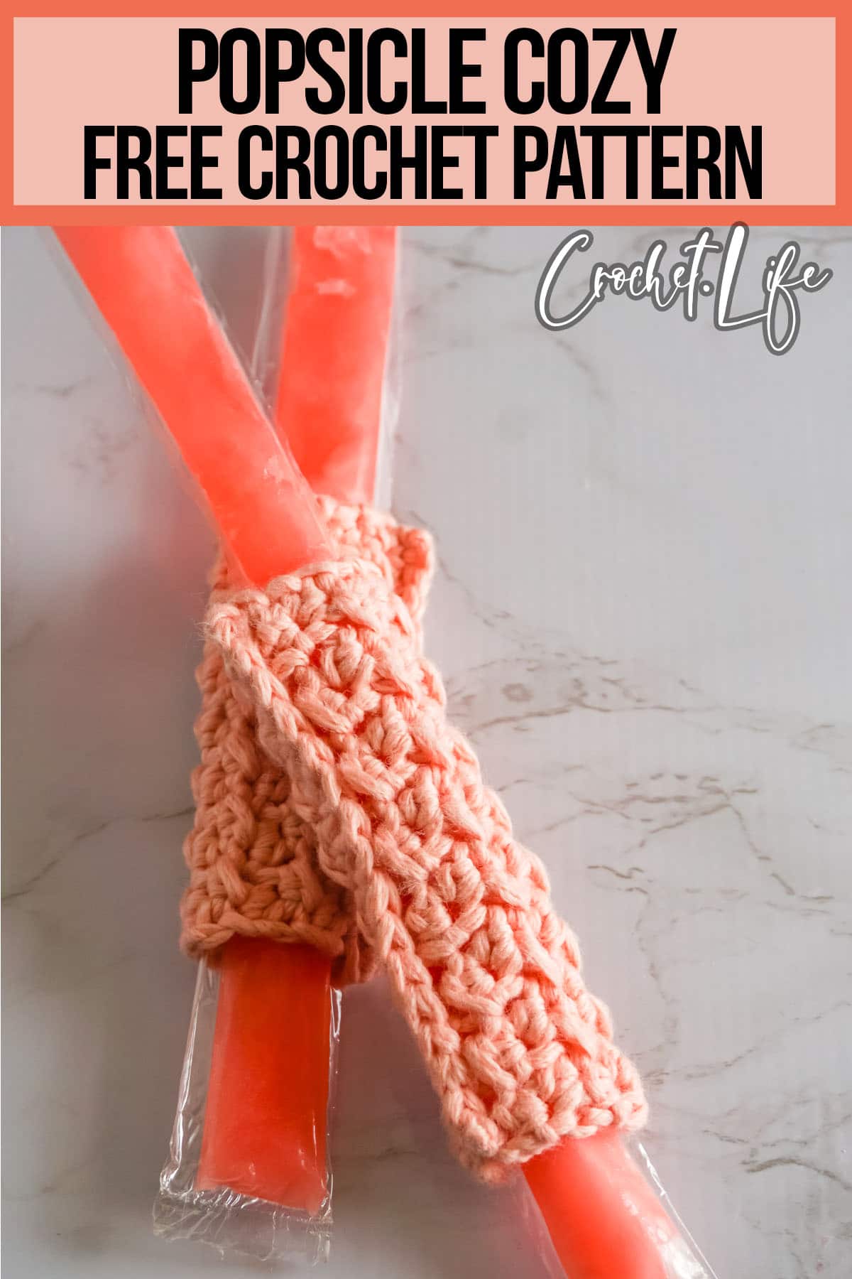 free ice pop cuff crochet pattern with text which reads popsicle cozy free crochet pattern