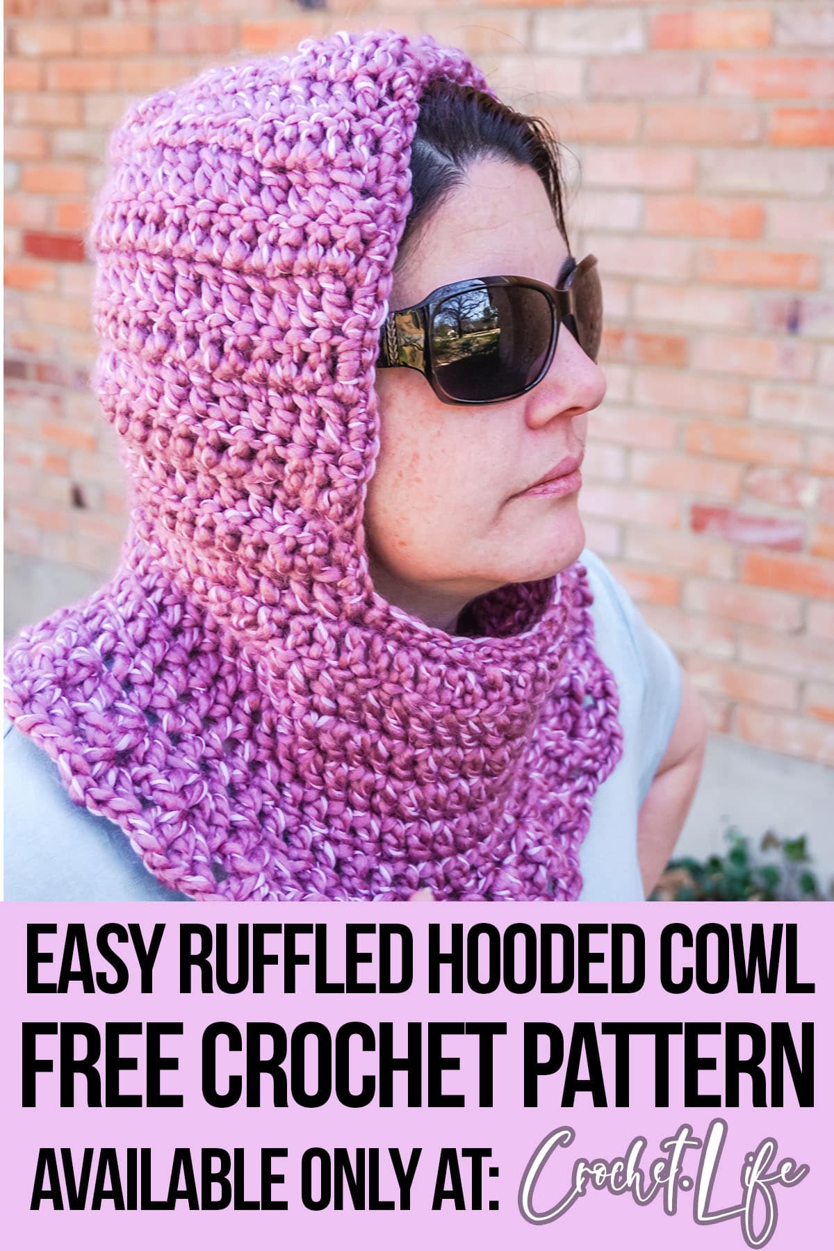 ruffled hooded cowl crochet free pattern with text which reads easy ruffled hooded cowl free crochet pattern available only at crochet life