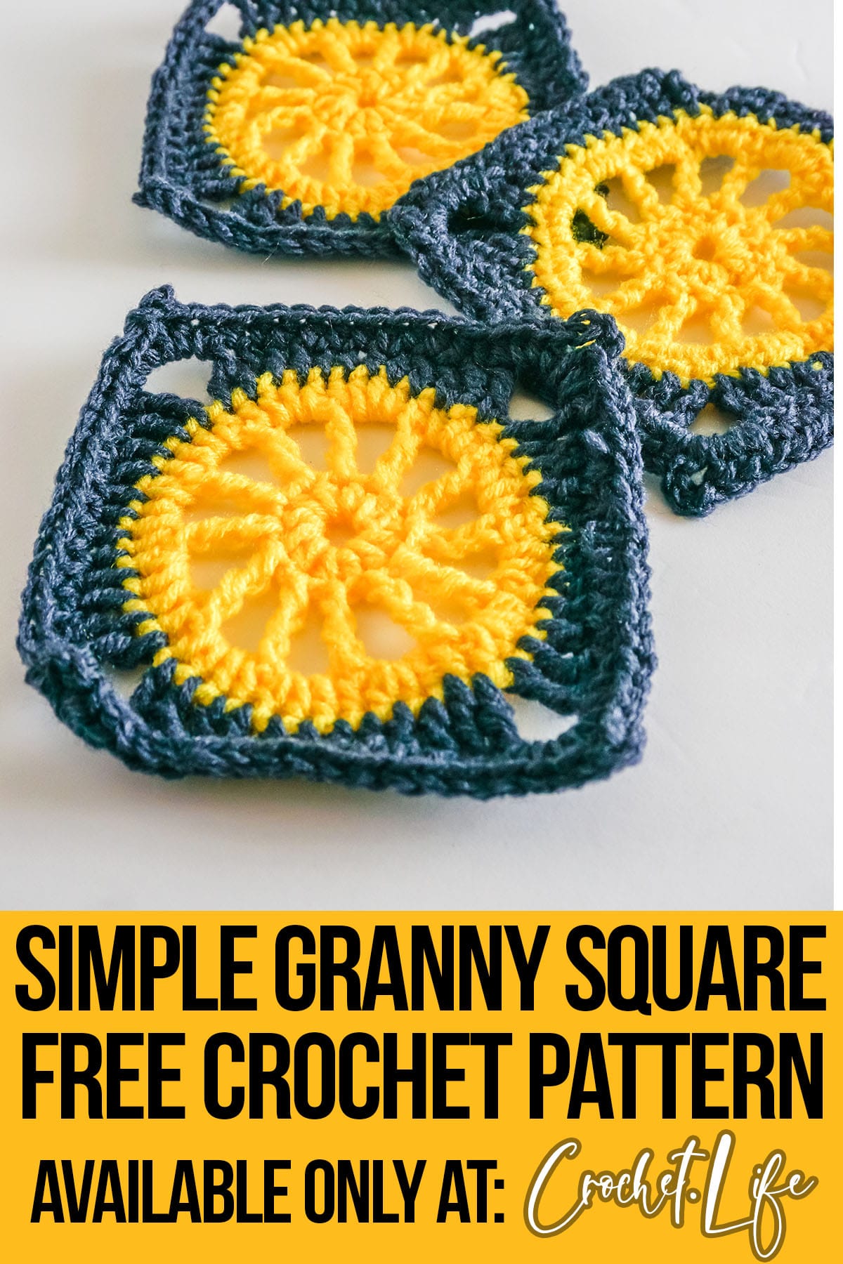 easy sun granny square crochet pattern with text which reads simple simple granny square free crochet pattern