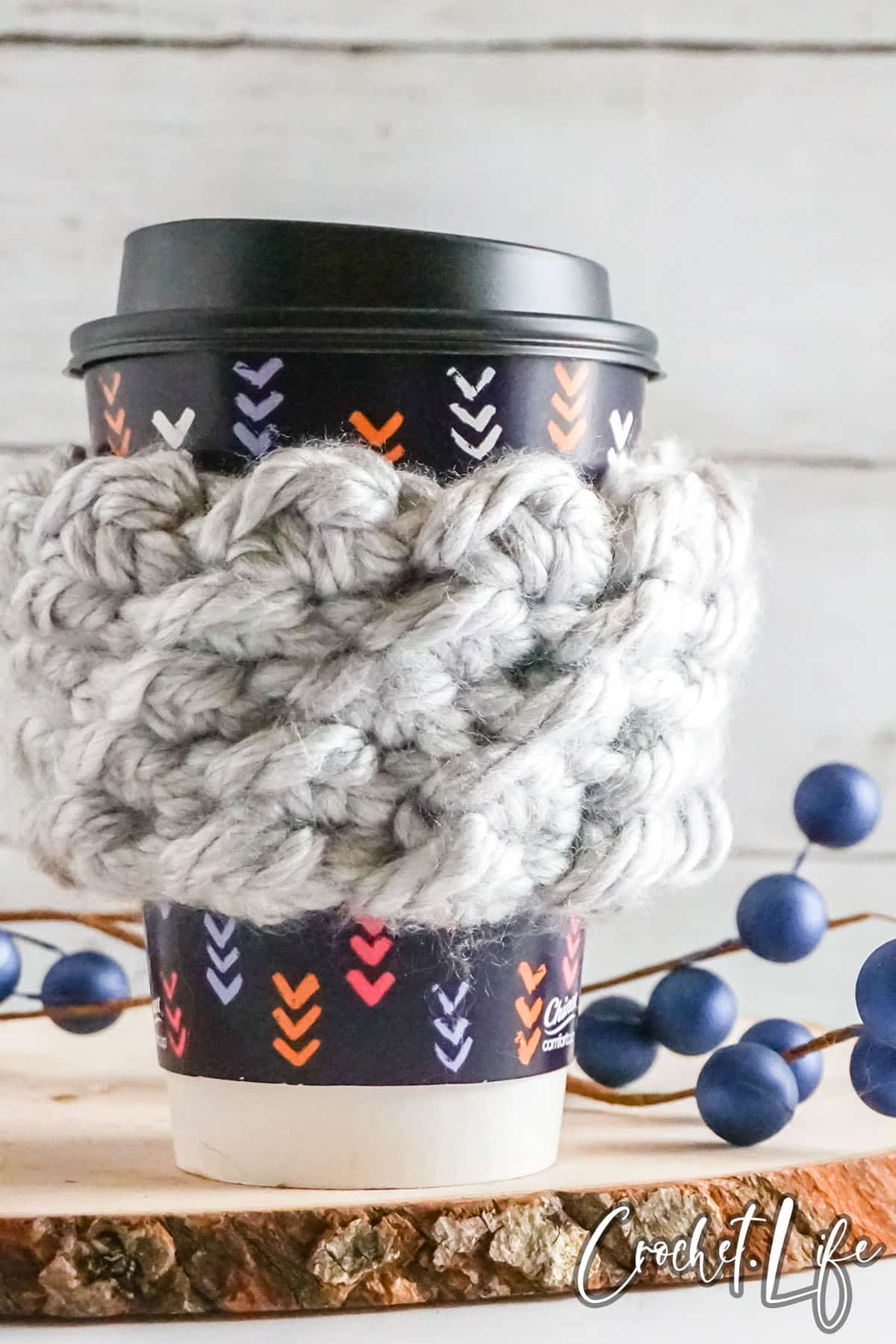 closeup of easy chunky coffee cup cozy crochet pattern