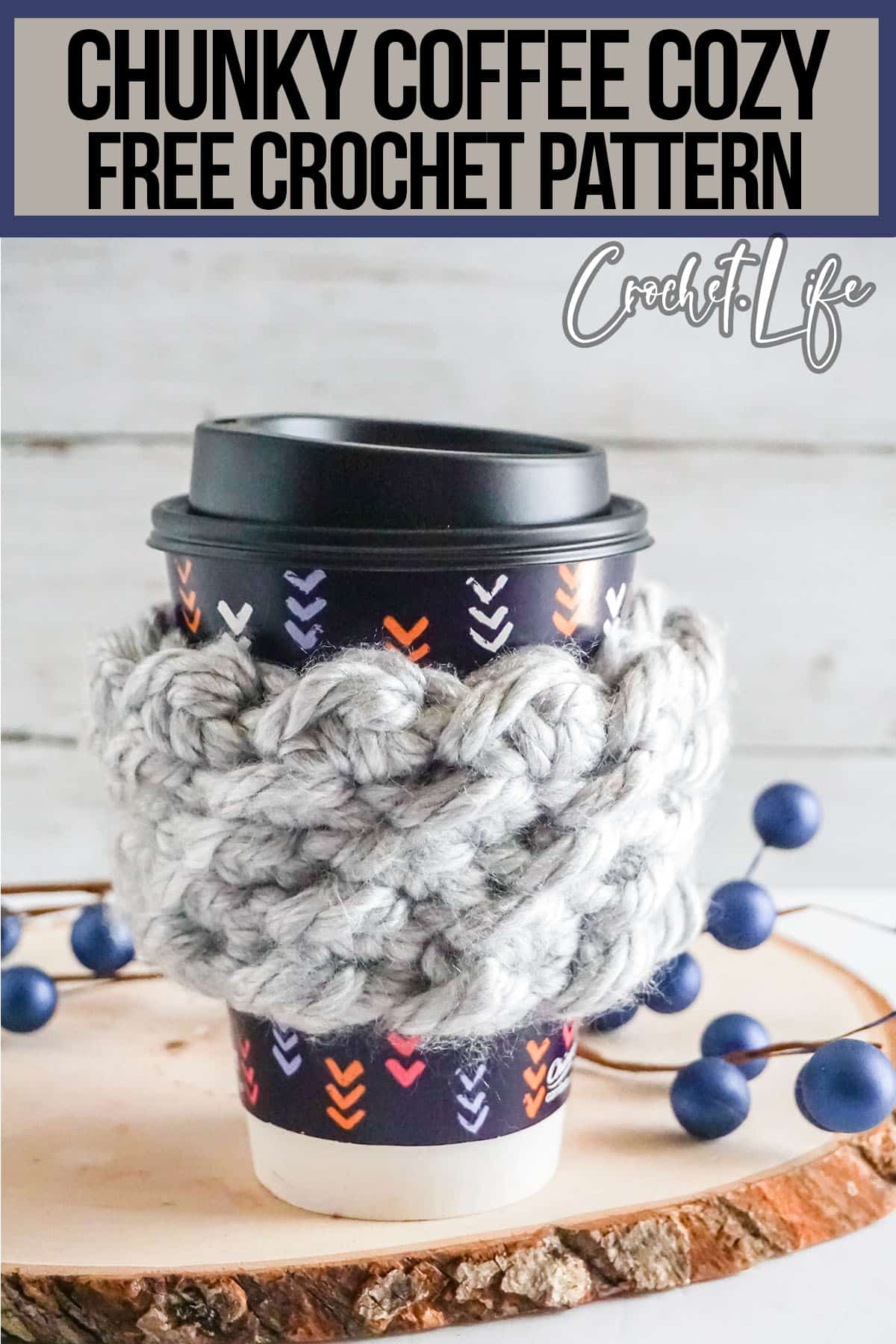 free pattern for crocheted coffee cup cozy with text which reads chunky coffee cozy free crochet pattern