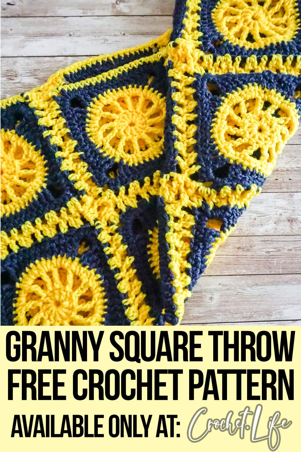 easy granny square blanket crochet pattern with text which reads granny square throw free crochet pattern