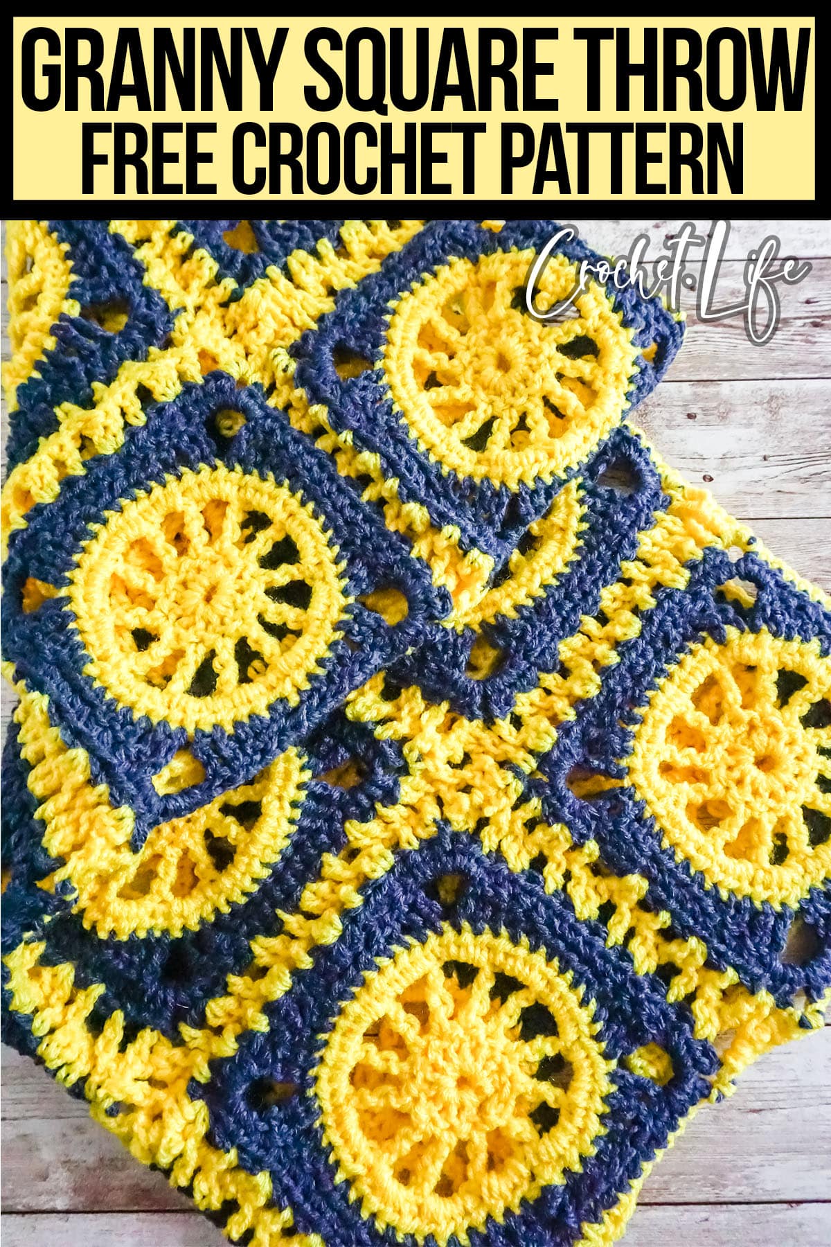 granny square blanket crochet pattern with text which reads granny square throw free crochet pattern