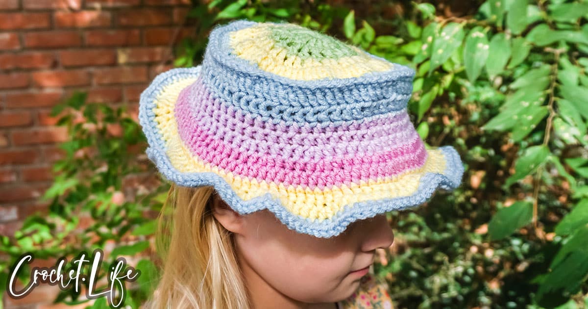 Kids Bucket Hat crochet pattern with rainbow colors