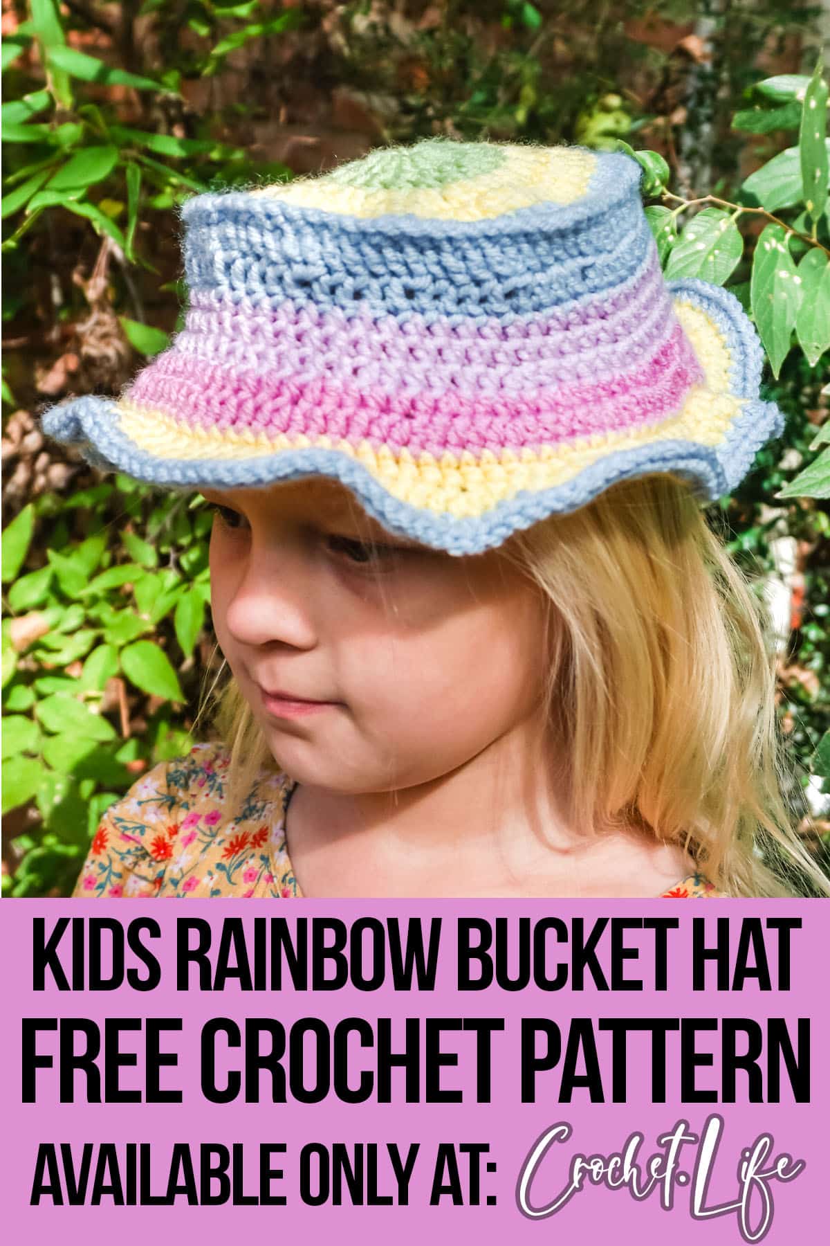 children's bucket hat crochet pattern with text which reads kids rainbow bucket hat free crochet pattern