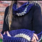 cowl with sleeves crochet pattern with text which reads long Scarf with Sleeves free crochet pattern